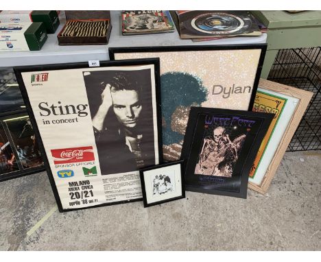 A COLLECTION OF VARIOUS FRAMED POSTERS TO INCLUDE BOB DYLAN, STING ETC 