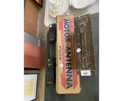 TWO VINTAGE WALKIE TALKIES, BOXED MOTOR ANTENNA AND FURTHER VINTAGE BOX 