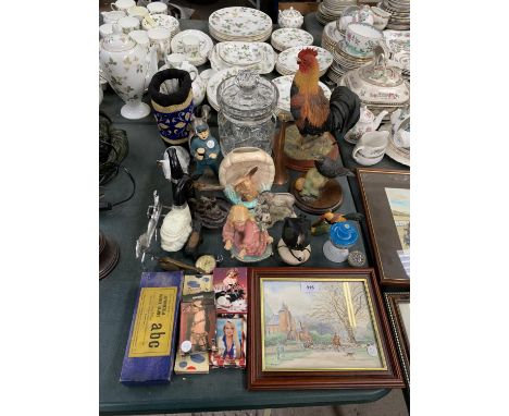 A  COLLECTION OF ASSORTED CERAMICS AND FURTHER ITEMS TO INCLUDE BORDER FINE ARTS, CUT GLASS JAR, FRAMED PRINT ETC 
