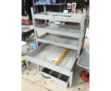 A METAL RACKING FOUR SHELF STORAGE UNIT WITH WHEELED UNDER STORAGE TRAY 