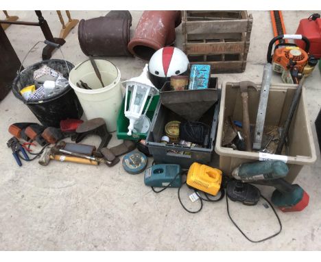 VARIOUS ITEMS TO INCLUDE TOOLS, LAMP. LIGHTS, SHOE LAST, NAILS, SCREWS ETC 