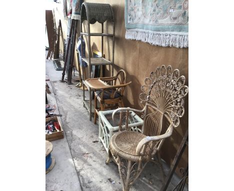 FOUR VARIOUS WICKER ITEMS TO INCLUDE AN ORNATE PEACOCK STYLE BACKED CHAIR, A GLASS TOPPED TABLE, CHILDS HIGH CHAIR AND AN ARC