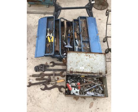 TWO METAL TOOL BOXES TO INCLUDE A FOLD OUT, AND CONTENTS TO INCLUDE SPANNERS, WRENCHES ETC 