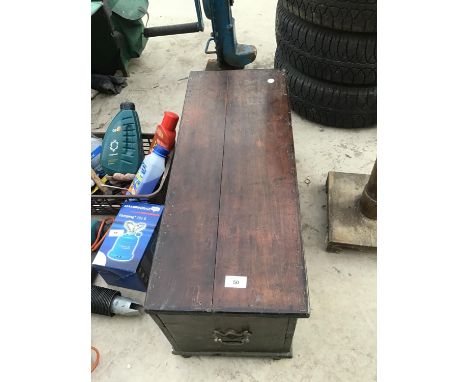 A VINTAGE WOODEN CHEST WITH SIDE HANDLES 
