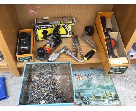 VARIOUS TOOLS TO INCLUDE A BOXED STANLEY HAND DRILL, TWO BOXED STANLEY PLANES, DRILLS ETC 