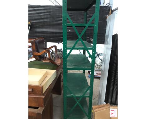 A GREEN METAL FIVE SHELF SHELVING RACK 