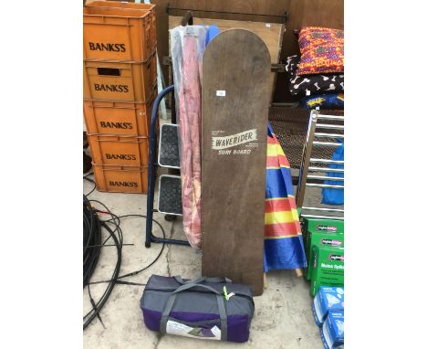 VARIOUS ITEMS TO INCLUDE A WAVE RIDER SURF BOARD, A WIND BREAK, A PARASOL, TWO RUNG METAL STEP LADDER AND A LUNAR 4 TENT 