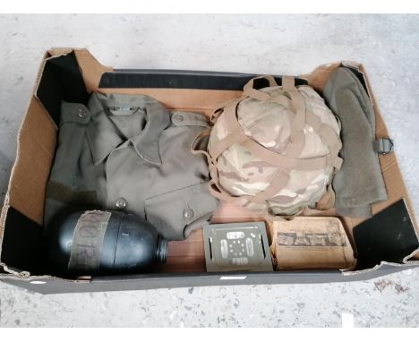 A BOX OF BRITISH ARMY HELMET, T SHIRT, BOTTLE, TROUSERS ETC 