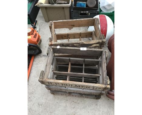 TWO VINTAGE WOODEN 'HP BULMER LTD' BOTTLE CRATES 