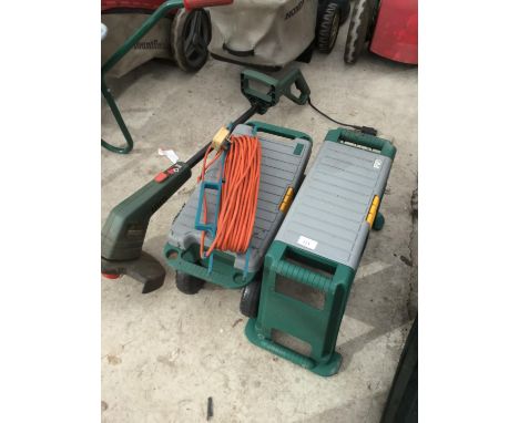 A KNEELING STOOL TOOLBOX, A WHEELED KNEELING STOOL TOOLBOX AND A BLACK AND DECKER GL565 TRIM AMD EDGE STRIMMER 