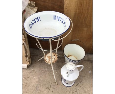 A VINTAGE 'ROYAL BATH HOTEL' WHITE AND BLUE ENAMEL BUCKET, LIDDED JUG, BOWL ON A STAND 