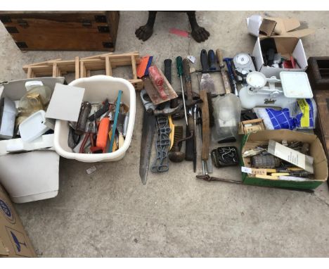 VARIOUS ITEMS TO INCLUDE TOOLS, GOLD COLOURED MIXER TAP, FOLDING WINE RACK ETC 