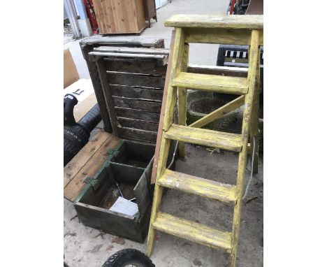 A VINTAGE FOUR RUNG STEP LADDER (REPAIRED), A WOODEN CHEST, TWO WOODEN POTATO BOXES ETC 