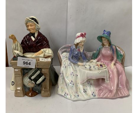 A ROYAL DOULTON 'SCHOOLMARM' CERAMIC FIGURE, FINGER A/F TOGETHER WITH AN AFTERNOON TEA FIGURE A/F 