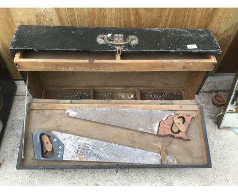 A WOODEN JOINERS CHEST WITH TOOLS 