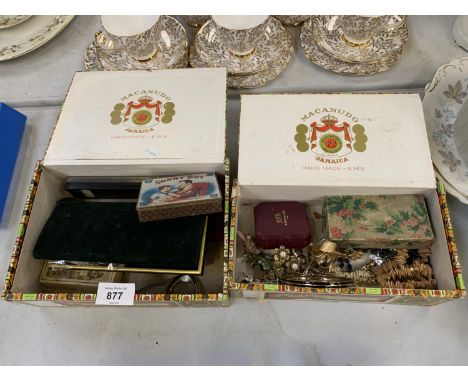 TWO BOXES CONTAINING ASSORTED COSTUME JEWELLERY, PLAYING CARDS ETC 