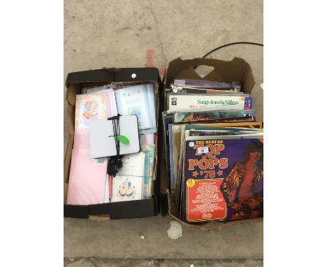A COLLECTION OF VARIOUS RECORDS TO INCLUDE TOP OF THE POPS ETC, A BOX OF GREETING CARDS AND A POLAROID DIGITAL FRAME 