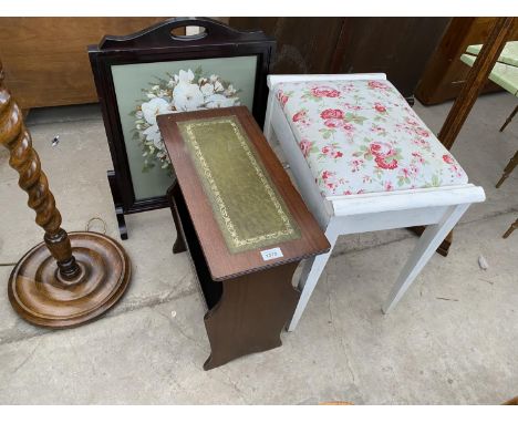 THREE ITEMS - A MAHOGANY FIRESCREEN WITH PRESSED FLOWER DECORATION, A MAHOGANY MAGAZINE RACK TABLE WITH LEATHER TOP AND A WHI