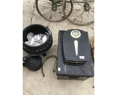 A VINTAGE STYLE METAL CAULDRON AND A KETTLE, A METAL DOCUMENT BOX AND A SET OF SCALES 
