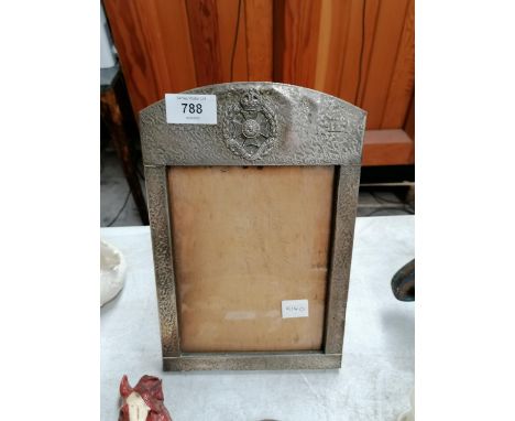 A VINTAGE PEWTER PHOTO FRAME WITH YORKSHIRE REGIMENT BADGE 