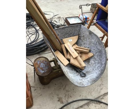 A SET OF VINTAGE POTATO SCALES AND A WOODEN AIRIER COMPLETE WITH METAL FITTINGS 
