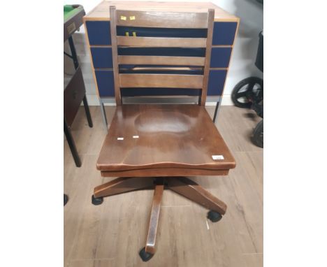 VINTAGE OAK 5 WHEEL OFFICE CHAIR WITH LADDER BACK