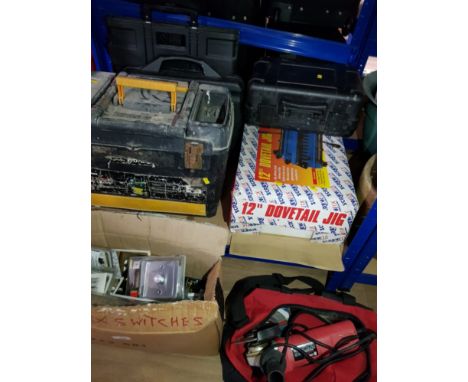 BOX OF CHROME LIGHT SWITCHES AND OSAKI ANGLE GRINDER INCLUDES TOOL BOX AND BOXED JIG ETC