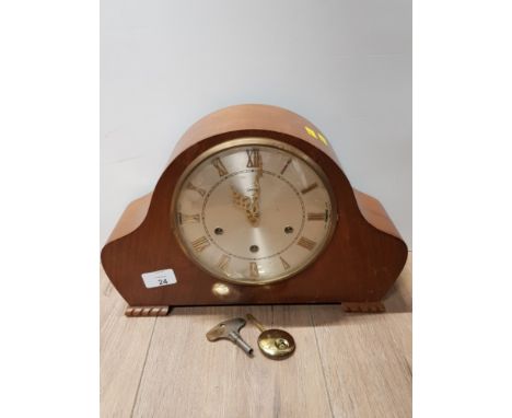 OAK SMITHS MANTLE CLOCK WITH KEY AND PENDULUM