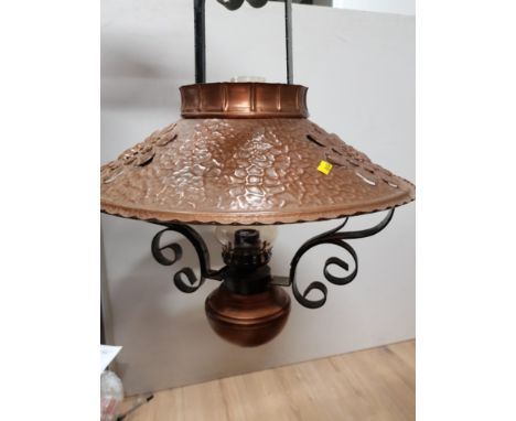 HANGING METAL FRAMED WESTERN STYLE SALOON LAMP WITH COPPER BASE AND SHADE WITH GLASS CHIMNEY