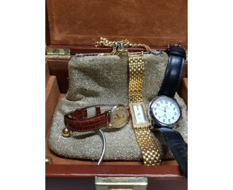 JEWELLERY BOX CONTAINING LADYS PURSE BANGLE AND 3 WRISTWATCHS INCLUDING TAVISTOCK AND JONES ETC