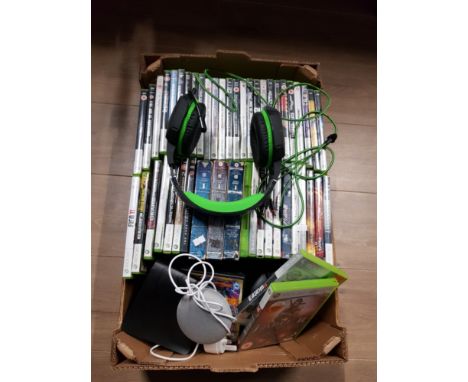 A BOX CONTAINING XBOX 360 GAMES GOOGLE SPEAKER ETC