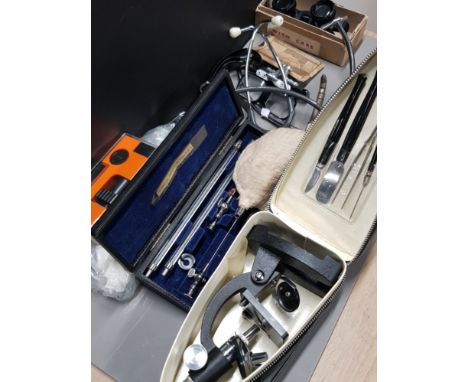 LARGE QUANTITY OF VINTAGE MEDICAL EQUIPMENT INCLUDING SPINAL MANOMETER IN CASE AND MICROSCOPE ETC