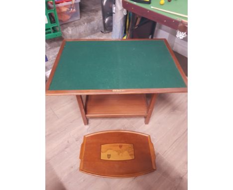 INLAID WOODEN TRAY OF NORTHUMBERLAND TOGETHER WITH A TURN OVER TOP CARD TABLE ETC