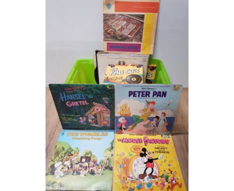 BOX OF LP RECORDS INCLUDES WALT DISNEY THE MOUSE FACTORY AND PETER PAN ALSO INCLUDES THE WOMBLES AND 60S CD SETS