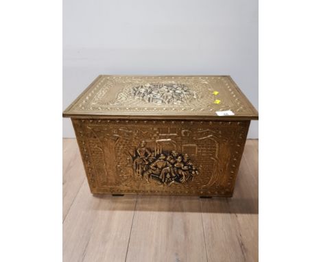 VINTAGE COAL/LOG BOX WITH EMBOSSED BRASS OVERLAY