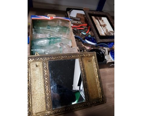 BOX OF VINTAGE GLASS BOTTLES TOGETHER WITH BOX OF TOOLS AND BRASS FRAMED MIRROR ETC