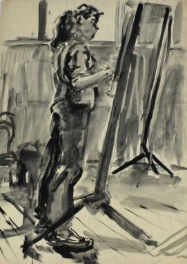 *Colin Moss (1914-2005) monochrome watercolour - Woman painting at her easel, unsigned, 76cm x 56cm unframed