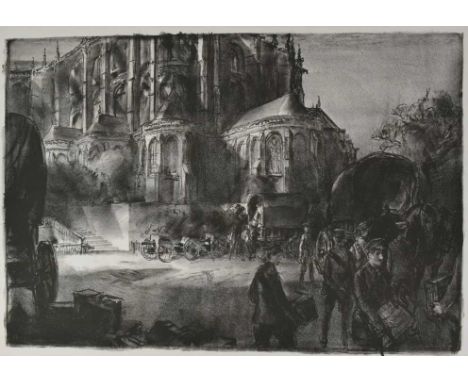 *Gerald Spencer Pryse (1882-1956) black and white lithograph - British at Le Mans Cathedral 1914, 45cm x 65cm, signed in penc