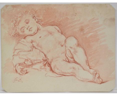 Manner of Francois Boucher, 19th century red chalk and wash sketch, a slumbering child, laid paper, 18.5cm x 24cm, unframed