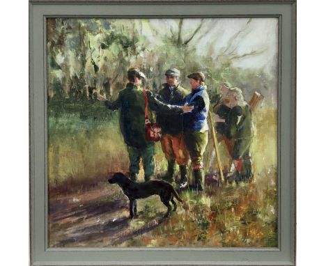 English School, oil on board hunting party and their dog in a wooded landscape, in painted frame. 39 x 39cm