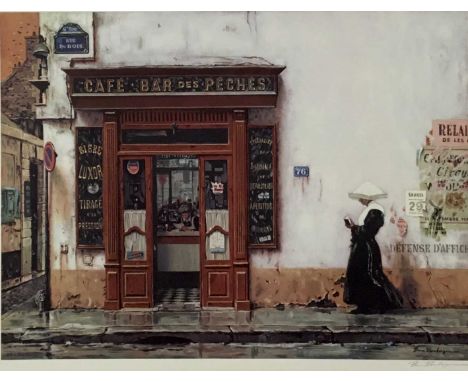 Bruce Bomberger (1918-1980): Cafe Bar Des Peches, lithograph in colours, signed in pencil, 62.5x48.5cm