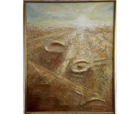 John Britton (Contemporary): mixed media, Dorset Rings - Knowlton Church, 60x75.5cm