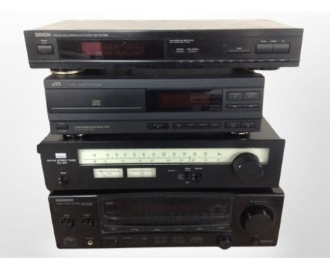 A Kenwood audio-video stereo receiver KR-V6060, A Sansui stereo tuner TU-217, a JVC compact disc player XL-E34, and a Denon s