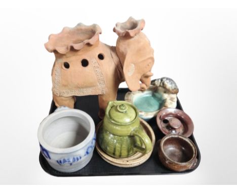 A group of ceramics including West German twin-handled planter, terracotta figure of an elephant, ashtray surmounted by a bir
