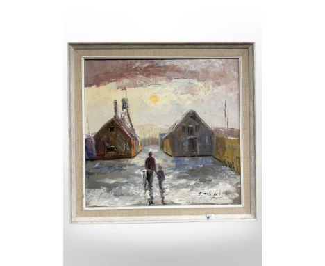 R Franci : Figures by buildings, oil on canvas, 52cm x 49cm.