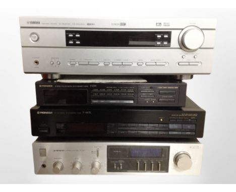 Three Pioneer Hi-Fi separates comprising stereo amplifier A-520, digital synthesizer tuner F-443L, another digital sythesizer