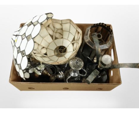 A box containing lamp bases, Tiffany-style lamp shade, etc.