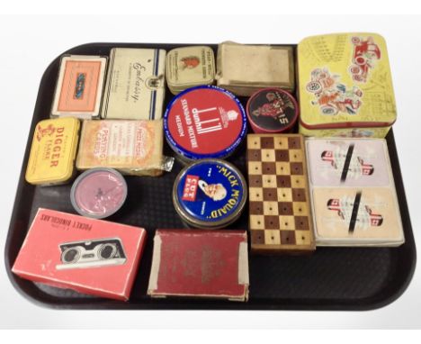 A group of vintage tins including Dunhill, Embassy Cigarettes, Hindson & Sons typewriter ribbon etc, a pair of pocket binocul