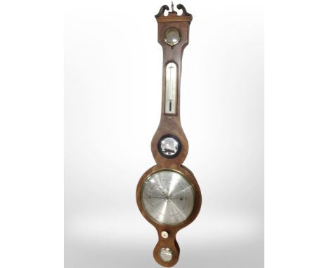 An inlaid mahogany banjo barometer with silvered dial.