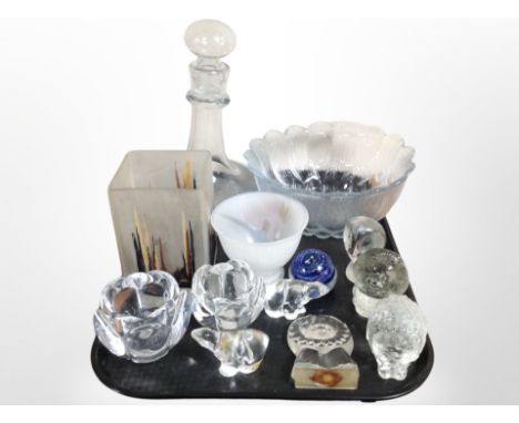 A group of 20th-century Danish glassware including paperweights, tealight holders, decanter, fruit bowl.